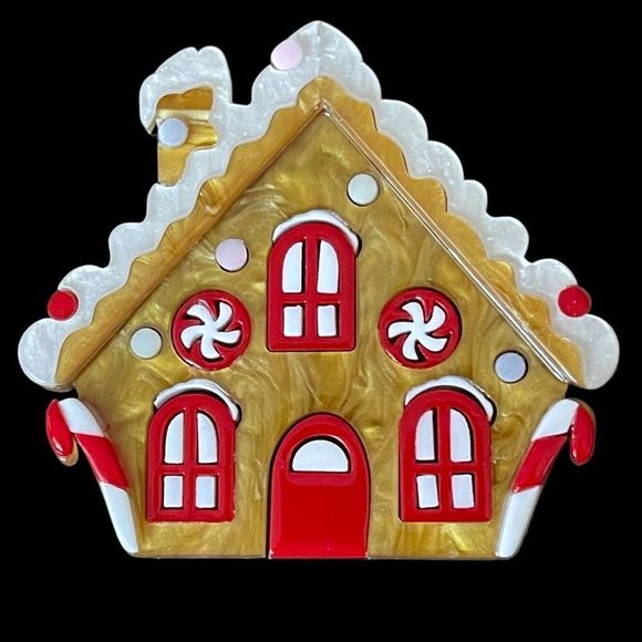 Adorable Layered Acrylic Gingerbread House Pin Christmas Holidays Candy Cane - Picture 1 of 6